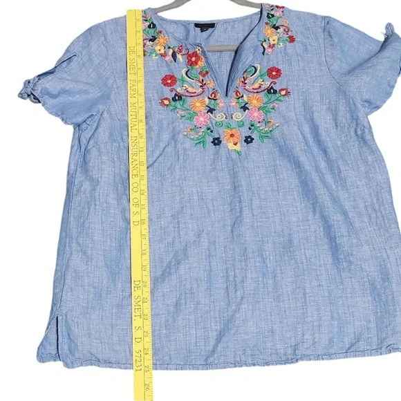 TALBOTS S/S Linen Blend Floral Embroidered Tie Sleeve Chambray Blouse SZ… - Picture 5 of 7